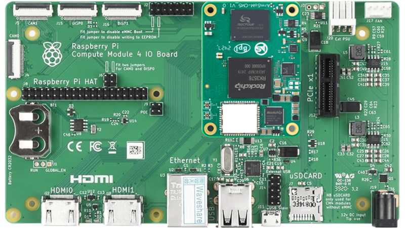 ArmSoM CM5 installed directly on the official Raspberry Pi CM4 IO Board