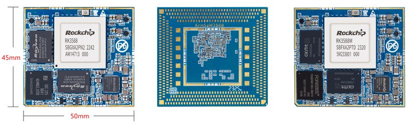 LM7 module family component side and LGA underside with size reference